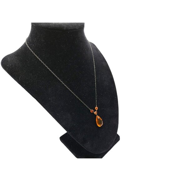 Antique Edwardian Sterling Necklace Orange Glass Teardrop Pendant c.1910s - Picture 4 of 5